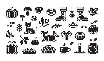 Fototapeta premium Autumn seasonal icon set featuring various harvest elements in simple pixel art style design.