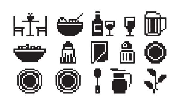 Dinner and restaurant pixel art set with food and drink isolated on transparent background.