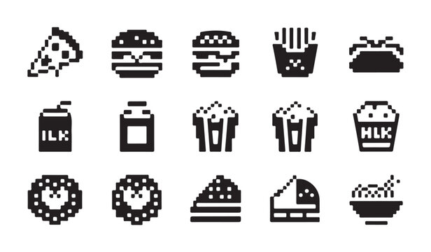 Pixel art fast food icons set containing burger pizza hot dog popcorn and various meal items.