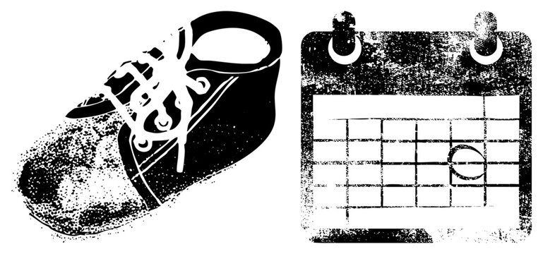 Gritty high contrast stencil featuring a worn out kick and a monthly planner. This vintage junker and date tracker set uses a heavy halftone texture for a raw aesthetic.