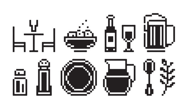 Dining and bar pixel art set with food and drink isolated on transparent background.