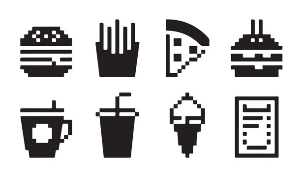 Pixel art fast food collection, retro game style items on transparent background.