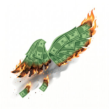 Burning money with wings flying away symbolizing financial loss, debt, and economic downfall illustration