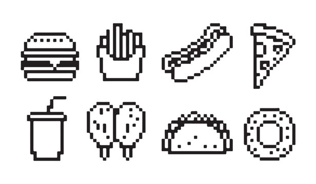Pixel art fast food icons set hamburger fries hot dog pizza drink chicken taco donut.