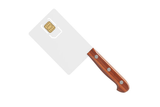 Digital Security Threat Concept. Sim Card Cleaver Symbolizes Mobile Data Risk, Privacy Breach, And Cybercrime. 3d Rendering