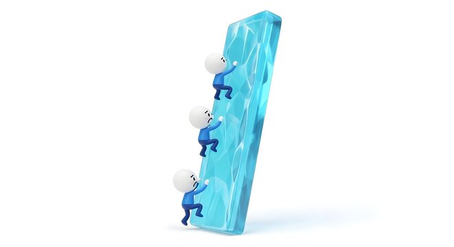 Characters climbing a vertical slab of blue ice