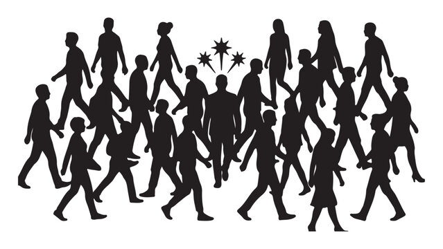 Group of diverse silhouettes walking together under starry symbols illustration