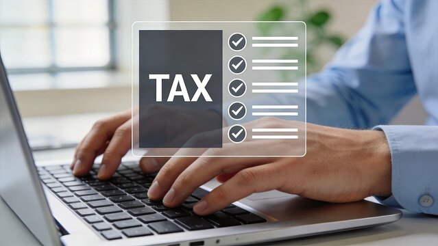 Tax compliance checklist on laptop screen, financial reporting, accounting software, tax filing process, digital documentation, business administration, regulatory adherence,