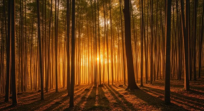Golden sunlight beams through a dense bamboo forest at dawn