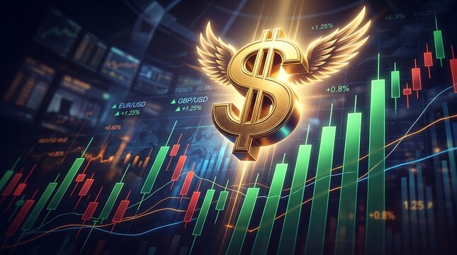 Rising USD exchange rate concept shows a golden dollar sign with wings over green and red financial graphs.