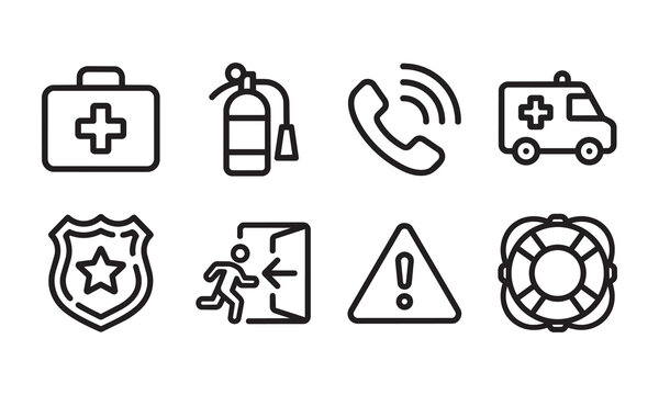 Important safety equipment and emergency services symbols for health, rescue, and public protection