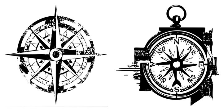 Rugged wind rose and mariners lodestone presented in a gritty stencil style. This weathered nautical tool features a distressed compass dial for maritime navigation and sea exploration.