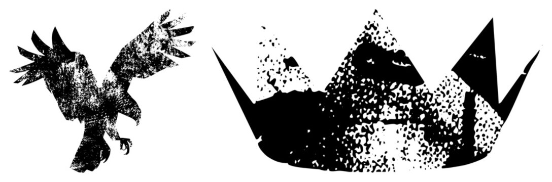 Weathered black bird, often called a raven or corvid, flying alongside a sharp, gritty crown. This stencil style graphic features heavy texture and a dark, edgy aesthetic.
