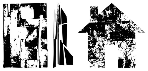 Obraz premium This gritty stencil set features a weathered block character, a sharp like glyph, and a rustic shack. These textured elements provide a raw, worn aesthetic for urban designs.