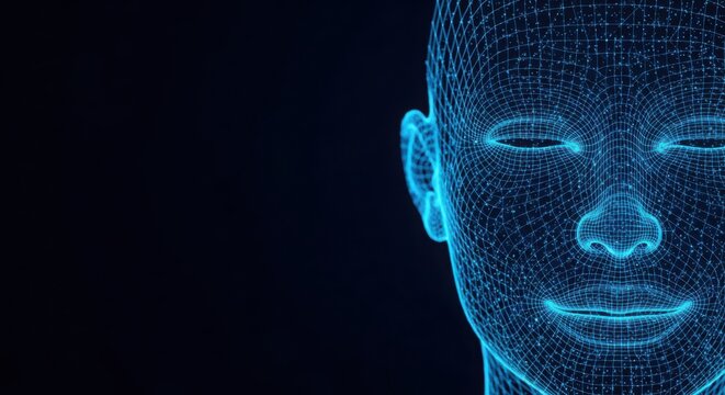 A blue human face on a black background illustration