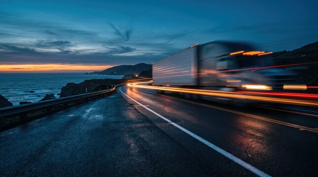 Logistics semi truck speeding along coastal highway at dusk with long exposure light trails