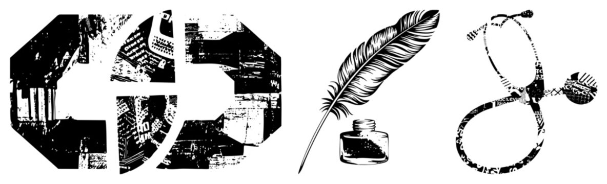 This collection features a gritty textured letter G, a vintage writing quill with inkpot, and a medical stethoscope. These distressed scribes and doctor tools showcase a dark stencil aesthetic.