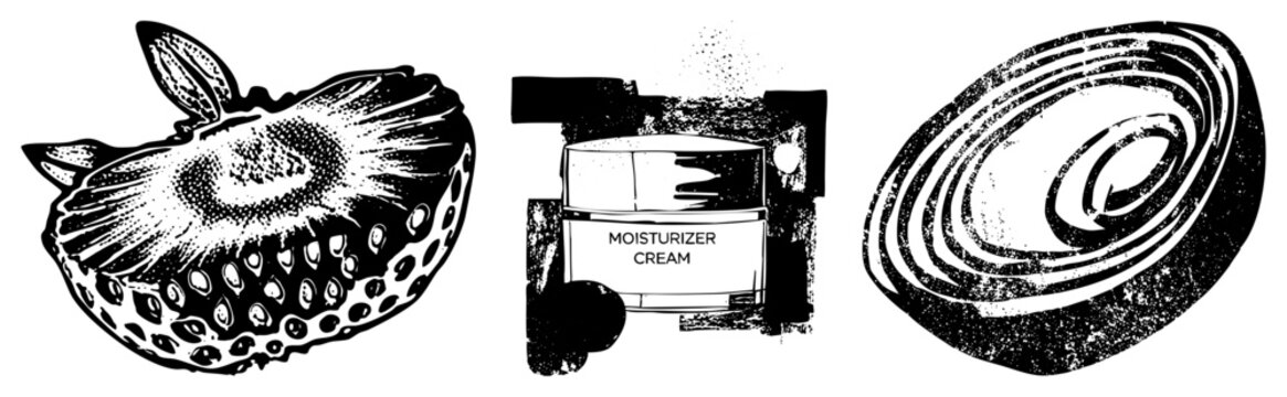 This grunge aesthetic collection features a textured moisturizer jar, a juicy fruit segment, and a circular beauty product. These beauty essentials, or skin salves, use a gritty halftone style.