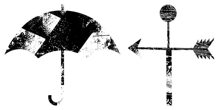 This distressed stencil collection features a weathered brolly and a sharp arrow. These vintage looking include a rugged parasol and a directional pointer with a heavy textured finish.