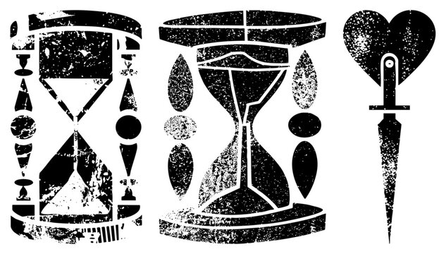 Distressed grit textures define these timekeepers, including a classic sandglass and a sharp heart blade. This set features a romantic dagger and two different sand timers.