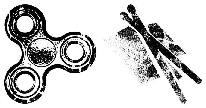 Gritty textured fidget spinner, also known as a twirler or whirligig, paired with two matches. This vintage stencil style element features heavy halftone grain and worn edges.