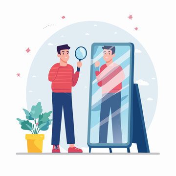 Man Examining Himself in Mirror with Magnifying Glass