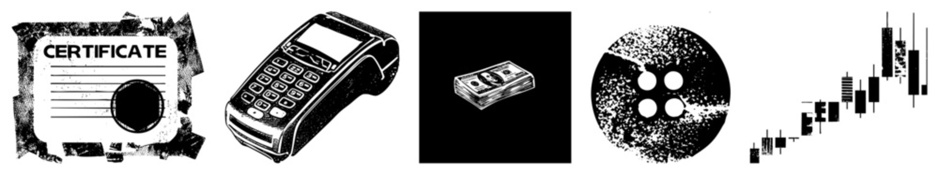 Collection of distressed assets including a certificate, credit card terminal, cash, button, and market candles. These gritty pieces with banknote elements define a high contrast aesthetic.