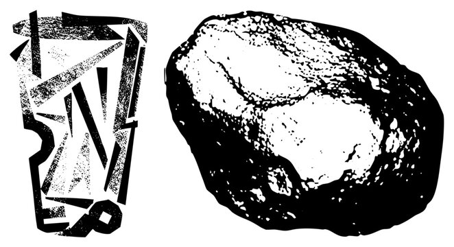 Gritty composition featuring a jagged rock or stone and a collection of fragmented geometric. This raw piece uses a heavy halftone texture and stencil style for a bold look.