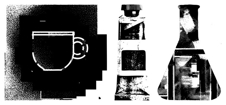 Textured collection featuring a caffeine mug, a paint tube, and a laboratory flask. This grunge art uses high contrast halftone to depict a java cup and chemical glassware.