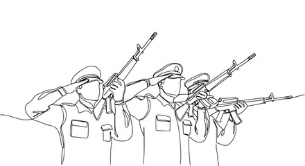 Naklejka premium Military Salute, Soldiers with Rifles, Continuous Line Drawing, Respectful Gesture