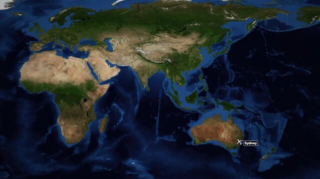 Animated World Map Showing Flight Route From Sydney Australia to Munich Germany