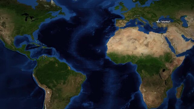 Animated Flight Route Map from Istanbul to Panama City Across Atlantic Ocean