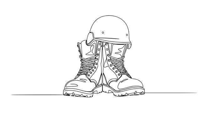 Military Boots and Helmet Line Art