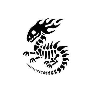 A stylized black silhouette of a skeletal dragon or lizard-like creature with flames on its head, curled up with visible bones and claws.