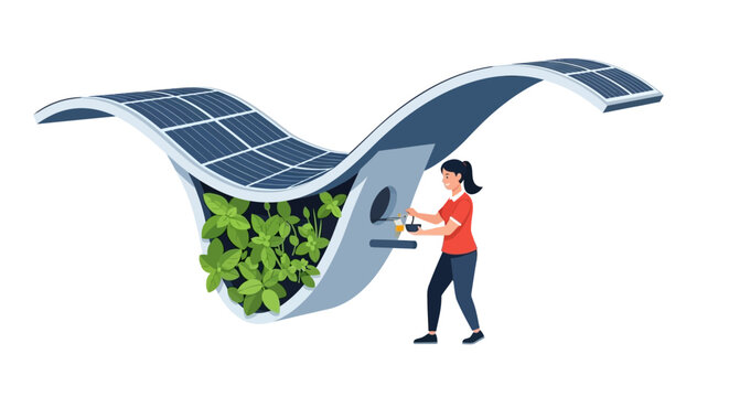 Woman inspecting solar powered vertical farming system setup.