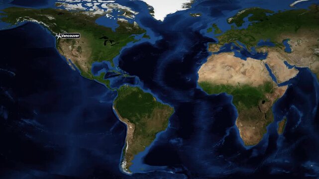 Animated World Map Flight Route from Vancouver to Cairo