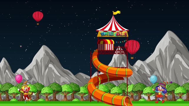 Animated Night Carnival with Water Slides Mountains and Fireworks Display