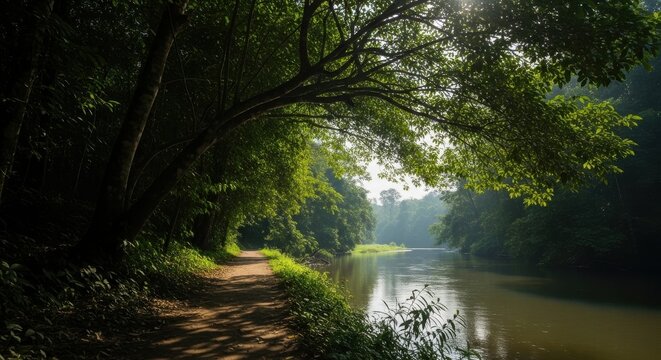 Tranquil jungle path beside a calm river in lush green forest