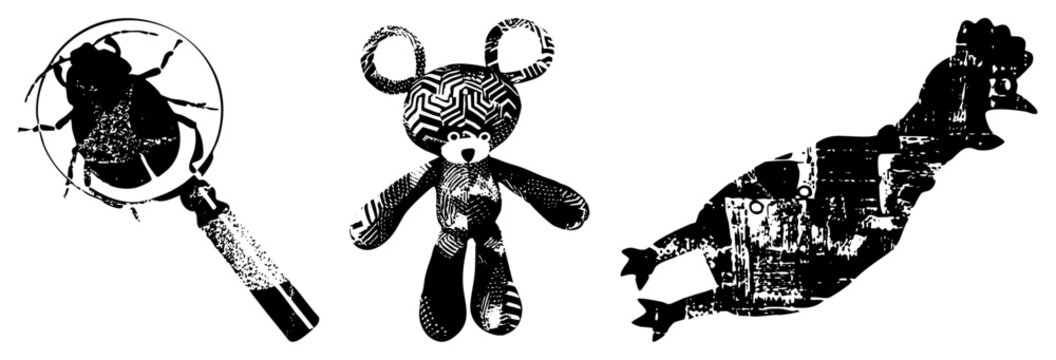 This textured set includes a detailed bug under a lens, a soft toy, and a gritty chicken silhouette. These lo fi critters use heavy halftone and stencil textures for an edgy look.