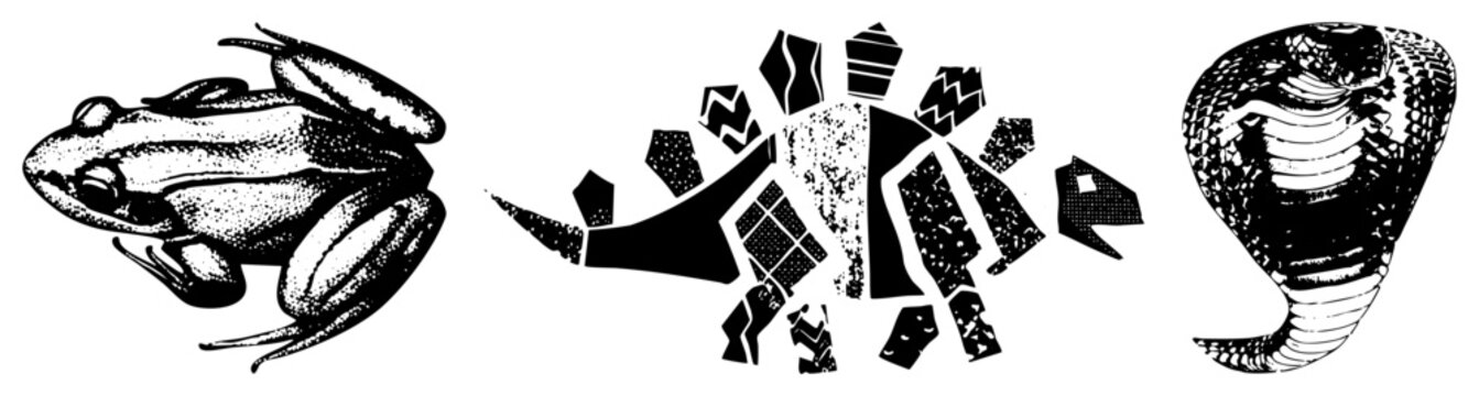 Collection featuring a detailed bullfrog, a geometric dinosaur, and a striking cobra. These creatures, including a hopping hopper and a prehistoric, showcase bold stipple textures.
