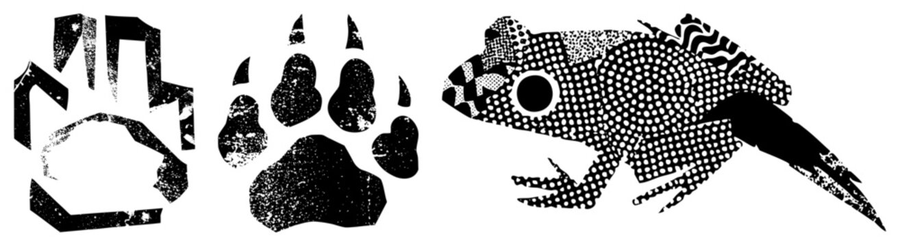 This stylized gecko and lizard set features gritty texture and halftone. The collection includes a textured predator track and a unique reptile silhouette for edgy designs.