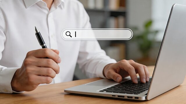 Person typing on laptop keyboard with floating search bar and magnifying glass icon, online query concept