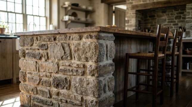 Rough hewn fieldstone island base with visible mortar lines, showcasing rustic kitchen interior design