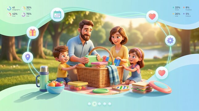 Happy family having a picnic in the park with UI elements.