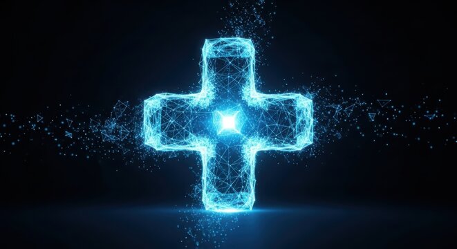 A blue cross on a black background illustration