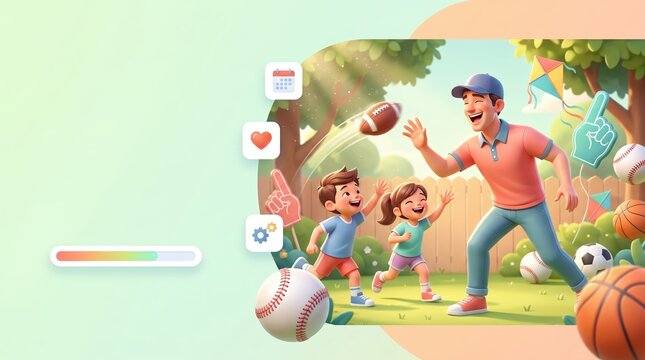 Happy father playing sports with his children in a sunny park illustration.