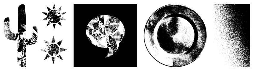Naklejka premium This set features a textured saguaro, some sunbursts, and a speech bubble alongside a circular plate. These desert greenery shapes and solar use a heavy stipple effect.