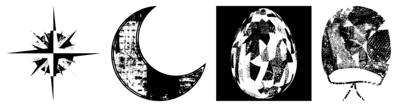 Collection of weathered cosmic featuring a sharp compass rose, a moon, a egg, and a textured orb. These vintage stellar elements and cosmic egg motifs show heavy grit.