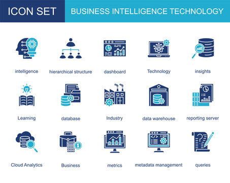 business intelligence technology icon collection set. with intelligence,hierarchical structure,dashboard,Technology,insights,Learning,database
