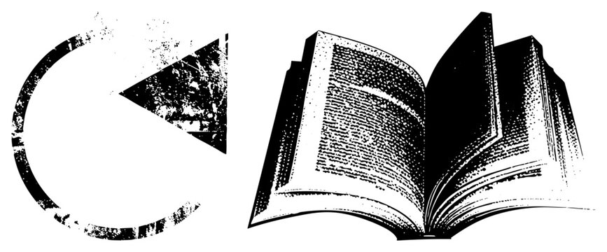 Open tome or codex features a weathered texture alongside a circular pointer. This vintage tome and reading material set uses a gritty halftone aesthetic for a rustic feel.
